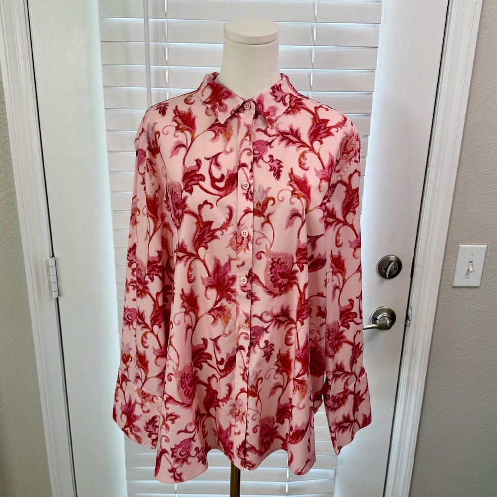 NWOT Chico's 4 Stretch Cotton Floral Button Shirt Pink Red 3/4 Sleeve Boho US 20 - Picture 12 of 16